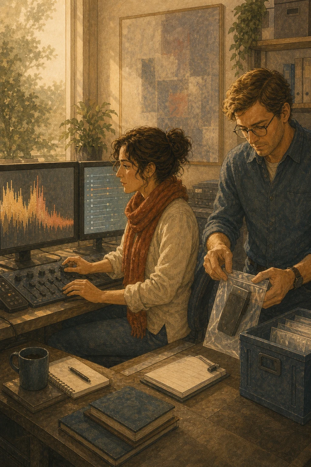 In a quiet operations room, one researcher reduces a persistently conflicting workload while another preserves the evidence from an independent reporting channel.