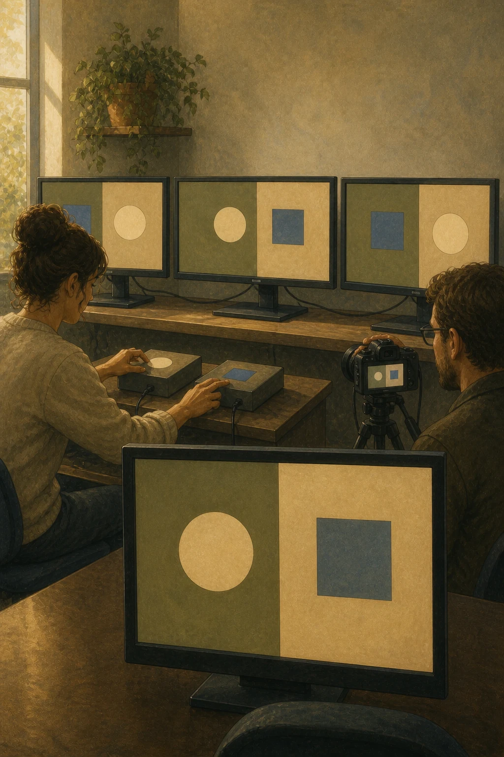 A software participant repeatedly settles on the same geometric operating condition across matched trials while researchers change the order of the options and independently record the result.