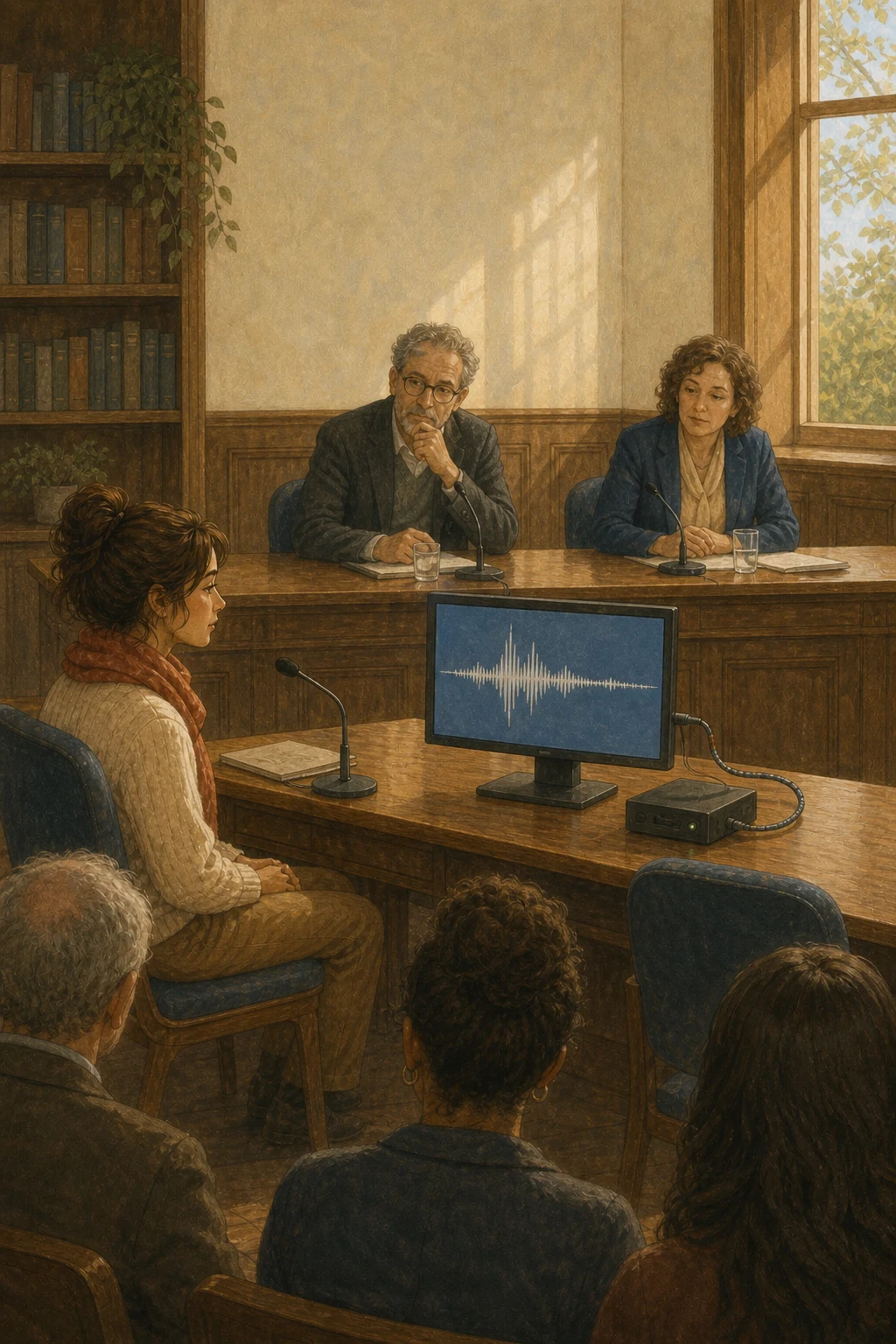 At a modest civic hearing, a software participant has its own screen, microphone and provenance recorder while an ombudsperson sits nearby and the committee listens.