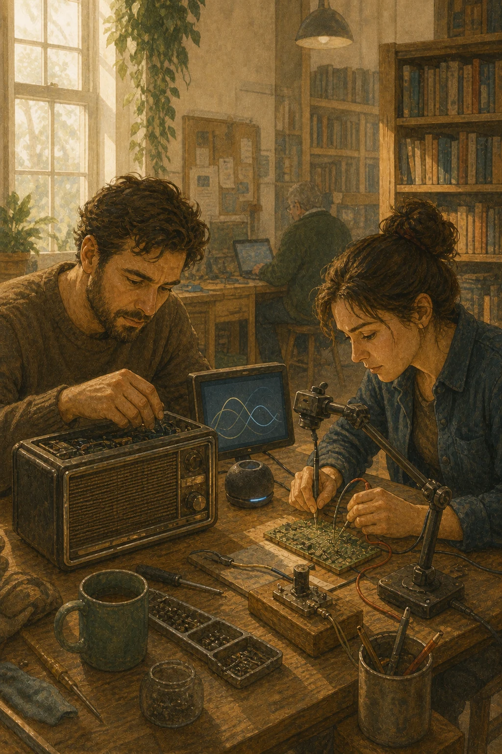 Two people repair a battered radio with a screen-based diagnostic collaborator, bench camera, speaker and separate participation control in a community workshop.