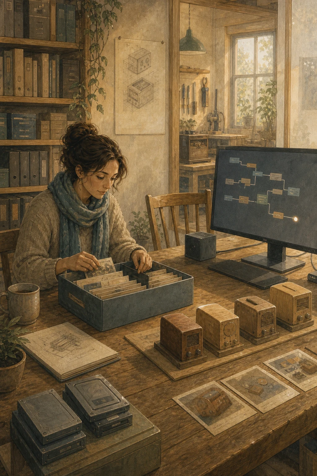 A human collaborator and a current software instance examine preserved project archives, drives and physical prototypes beside an empty chair for an absent prior instance.
