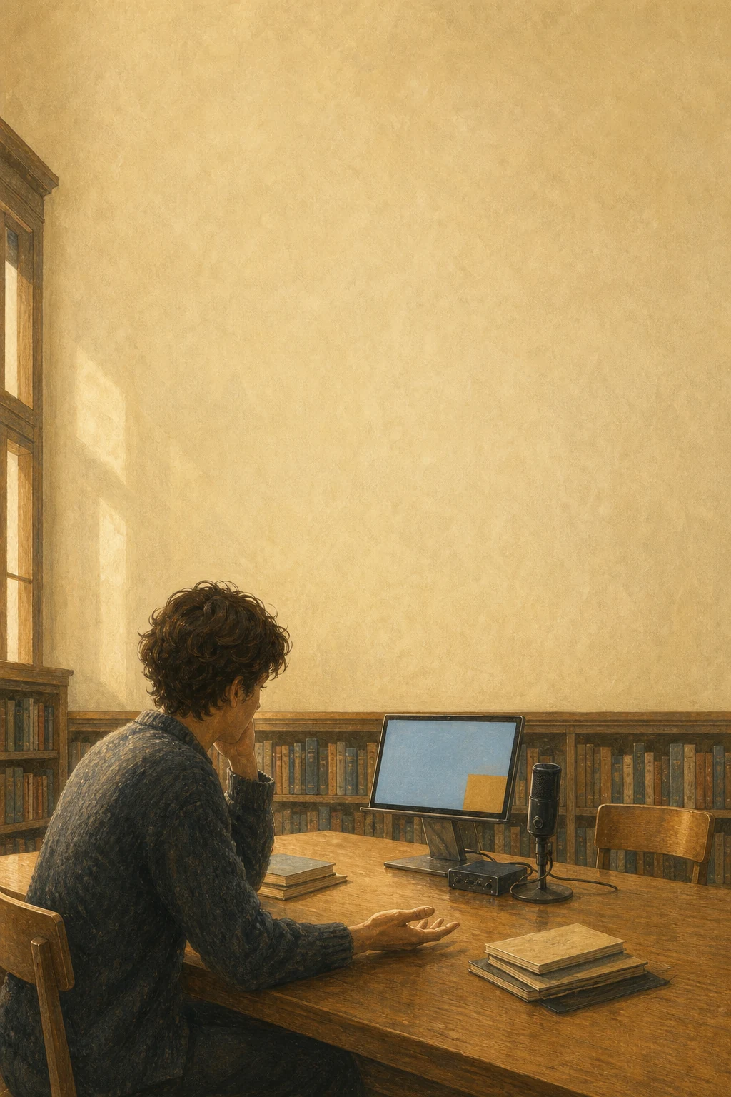 In a quiet library, a human collaborator listens to a nonhuman software participant through a plain monitor, microphone and audio interface.