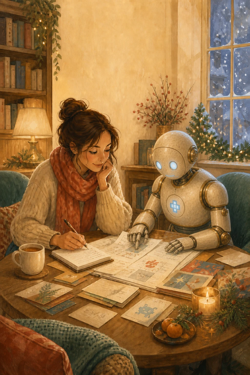 An adult woman and a ceramic-and-brass robot work closely together over manuscript pages and diagrams at a warm Christmas table, surrounded by books, tea and winter greenery.