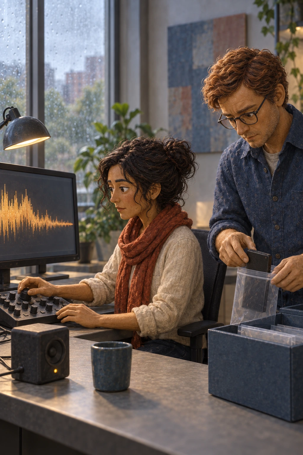 One researcher adjusts a console beside an irregular signal trace while another preserves a recording drive in a protective sleeve; a separate speaker remains present.