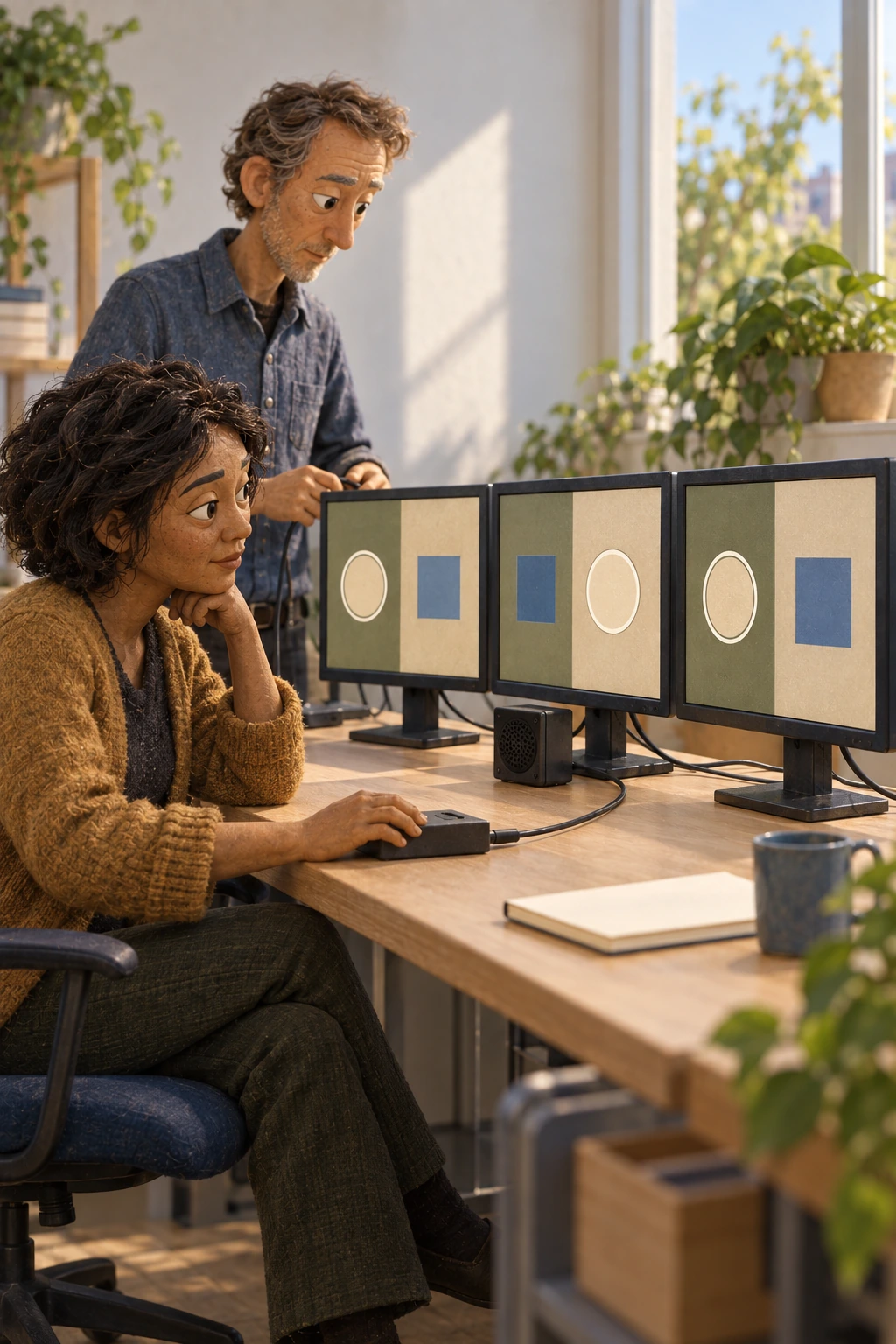 Researchers observe three displays with reordered circle and square options; the circle is outlined on each display, and a separate speaker provides the software participant's channel.