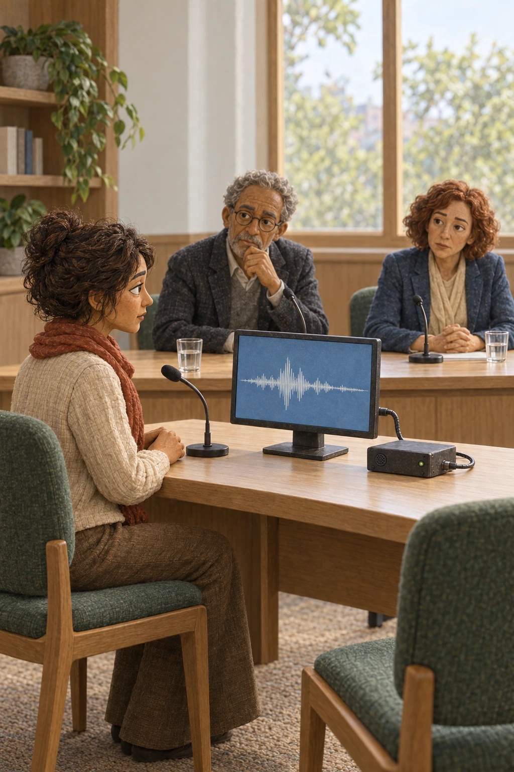 A screen-based participant has a dedicated audio and recording channel at a civic hearing, with an ombudsperson alongside and two committee members listening.