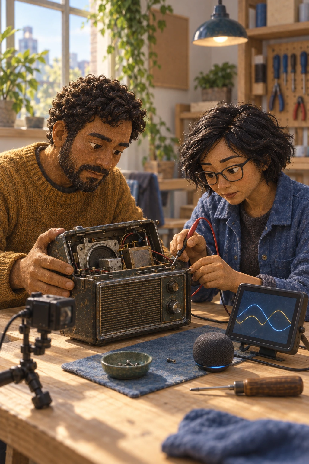 Two people inspect a disconnected radio with a test probe while a bench camera, screen and separate speaker support their software collaborator's participation.