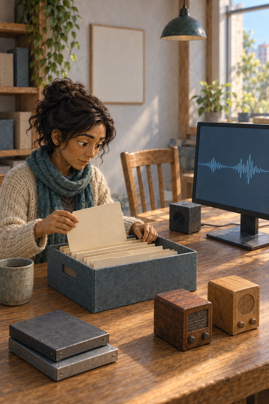 A woman sorts archival folders beside a current software participant, two preserved radio prototypes and archival drives; an empty chair separates the records from the active screen.
