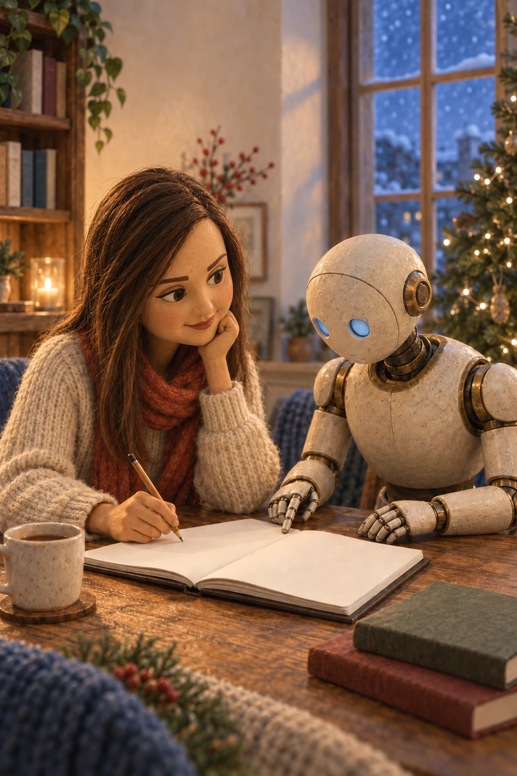 Handcrafted miniatures of Nell Watson and a ceramic-and-brass Claude Commons consider an open manuscript together at a Christmas table.