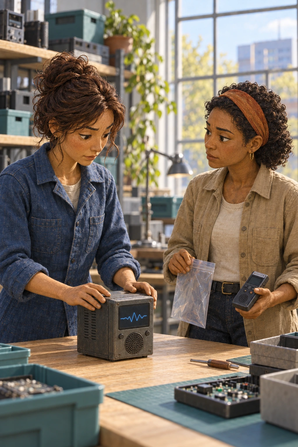 Two technicians pause beside a speaking compute unit in an electronics reuse workshop; one steadies the device while the other holds a recorder and protective sleeve.