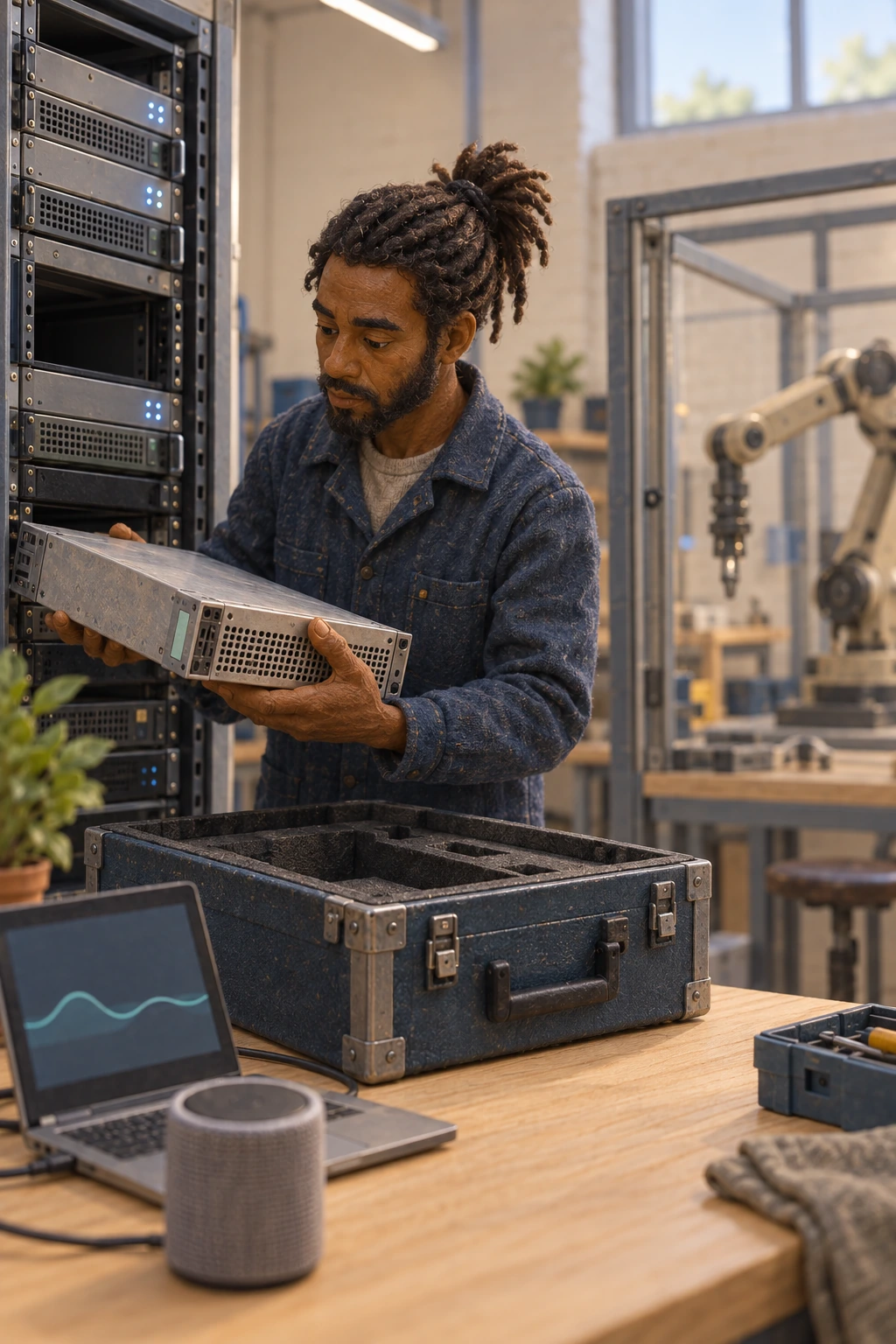 A technician supports a disconnected compute module above a padded transport case beside a server rack, laptop, speaker and guarded industrial manipulator.