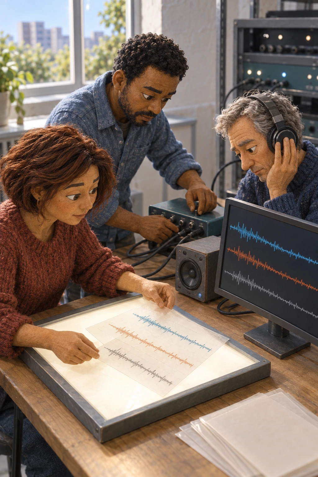 Three researchers compare recorded traces on a light table and monitor while checking an audio interface and listening through headphones.