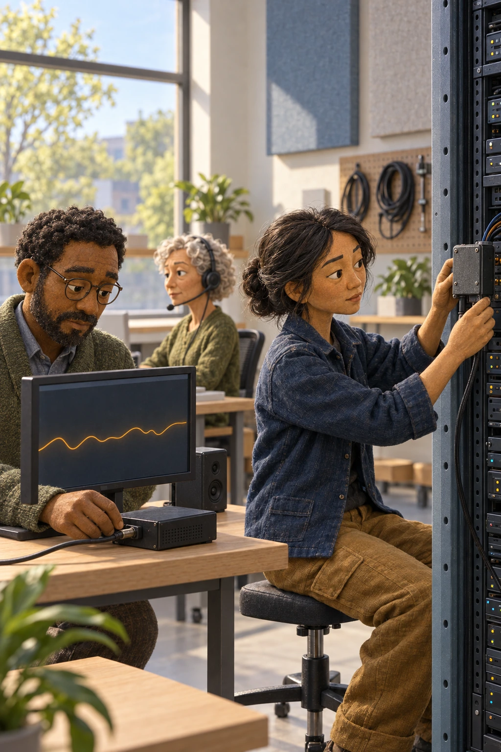 A technician mounts a separately wired module beside a server rack while colleagues monitor an independent reporting channel and listen through a headset.