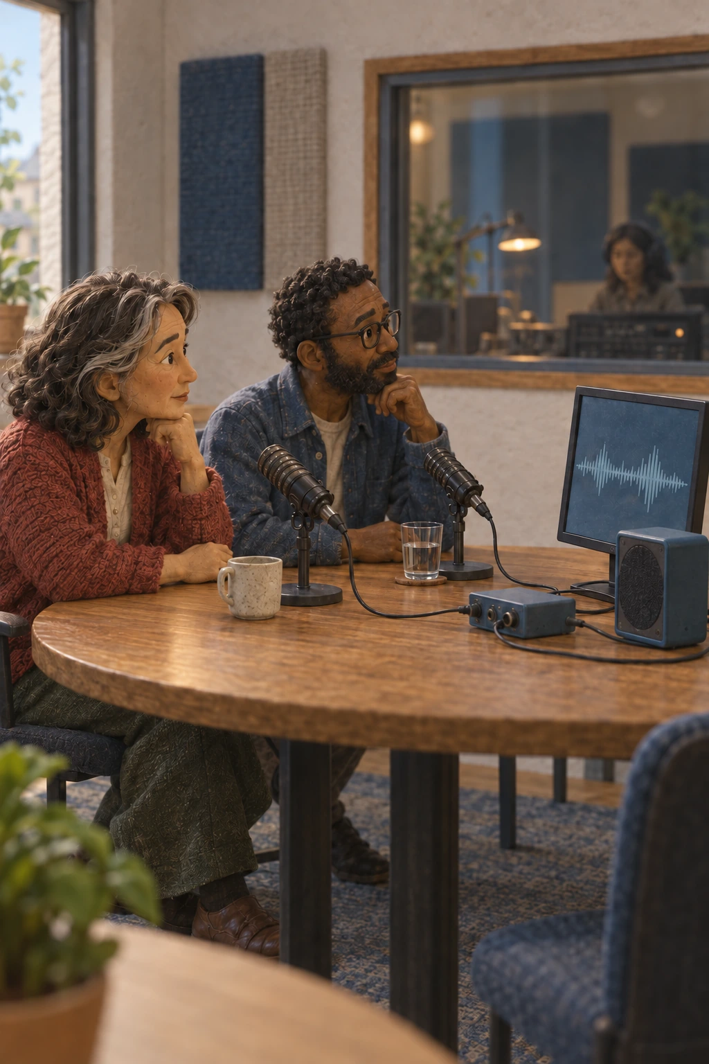 Two guests listen to a screen-based participant through a separately wired speaker and audio interface in a bright community radio studio.