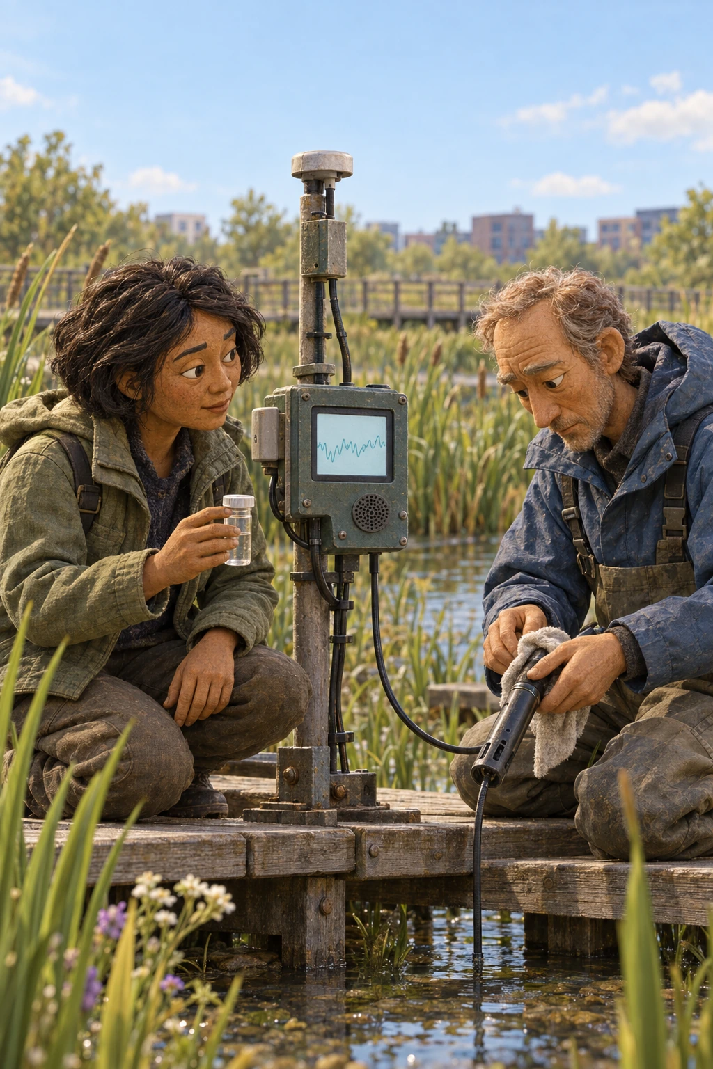 Two field workers sample water and clean a connected probe beside a reporting station on a timber platform in a sunlit urban wetland.