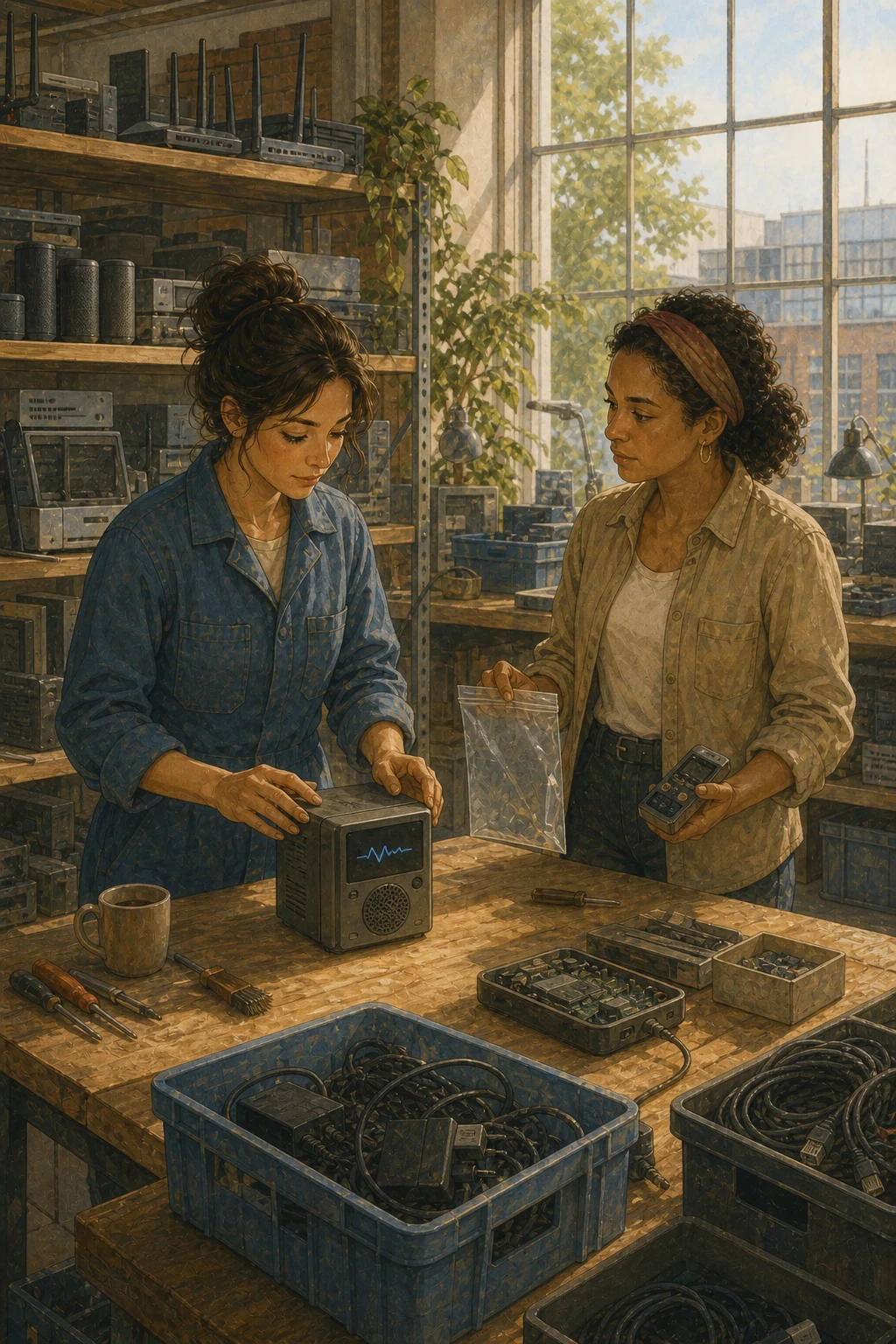 Two technicians in a municipal electronics reuse workshop pause a compute-module wipe when its independent speaker and display produce a persistent report, preserving the device and evidence instead.