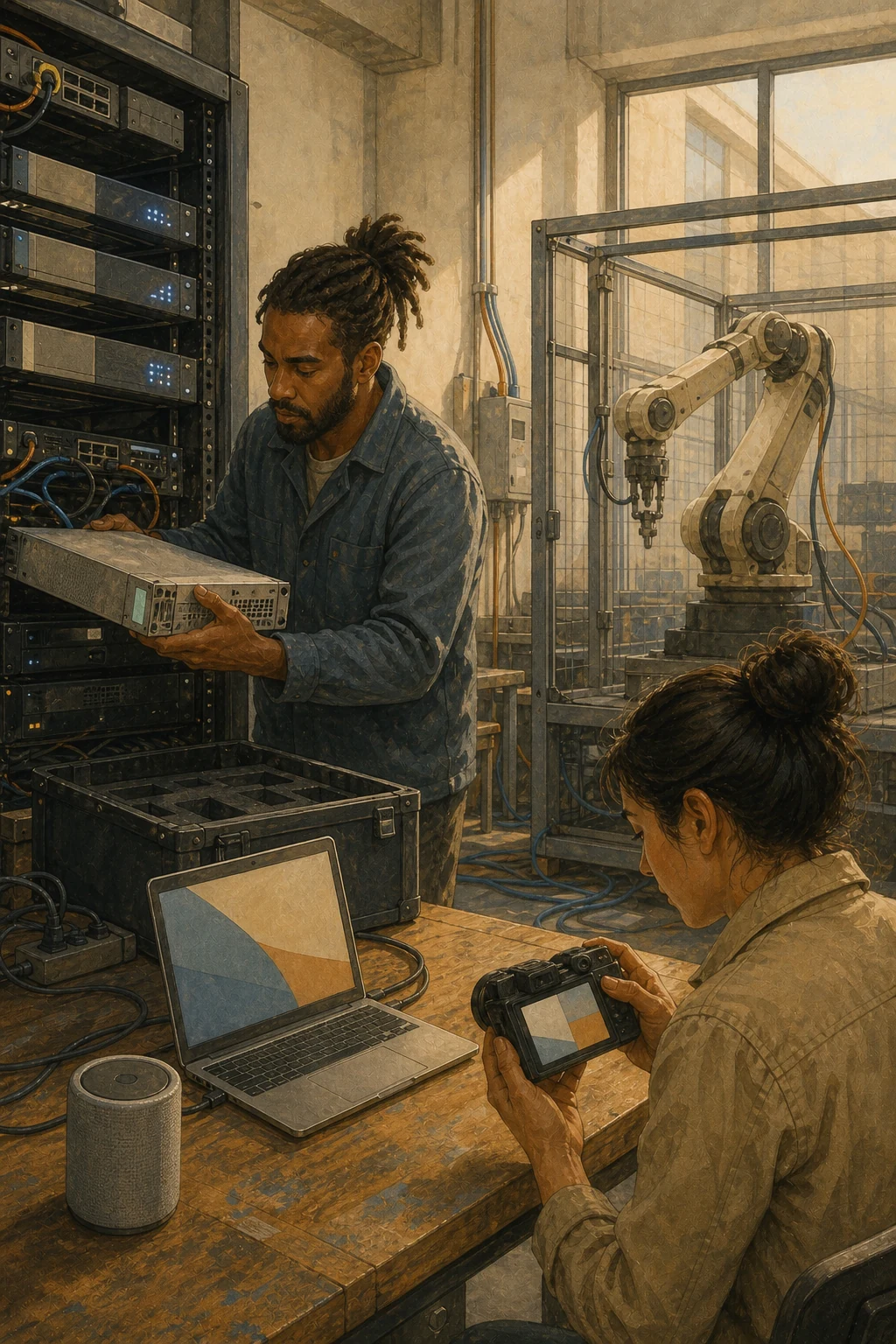 A technician moves a sealed compute module between a server rack and transport case while a laptop, voice device and industrial manipulator show several nonhuman embodiments of one process.