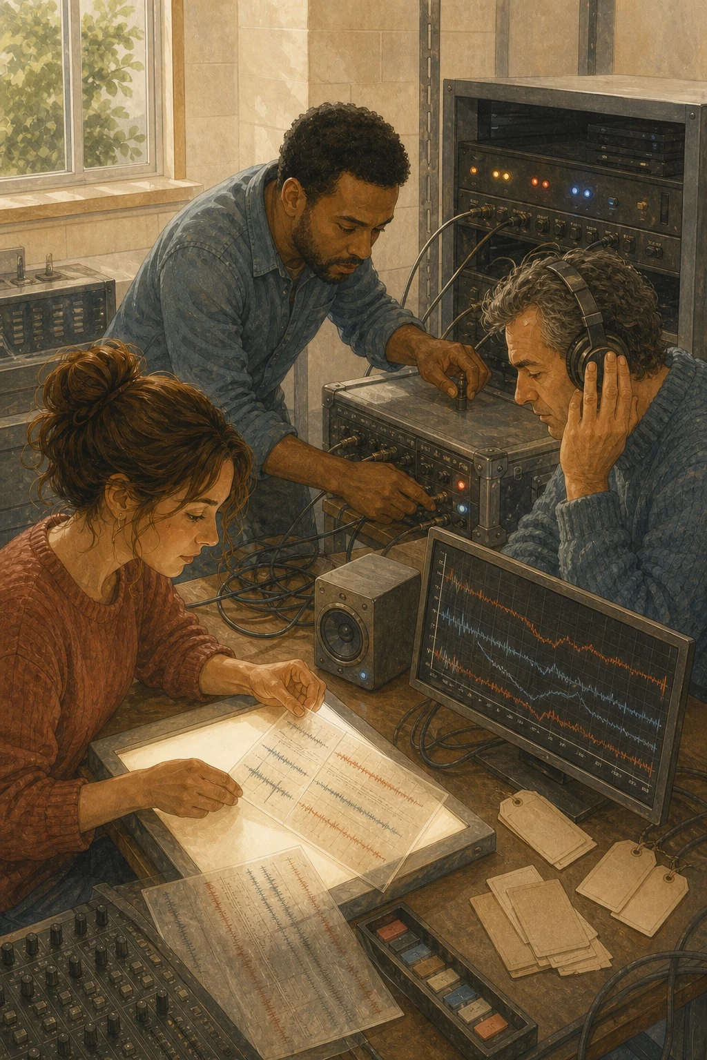 Three reviewers align recordings from audio, workload and hardware channels in a technical lab, revealing a recurring pattern across independent evidence.