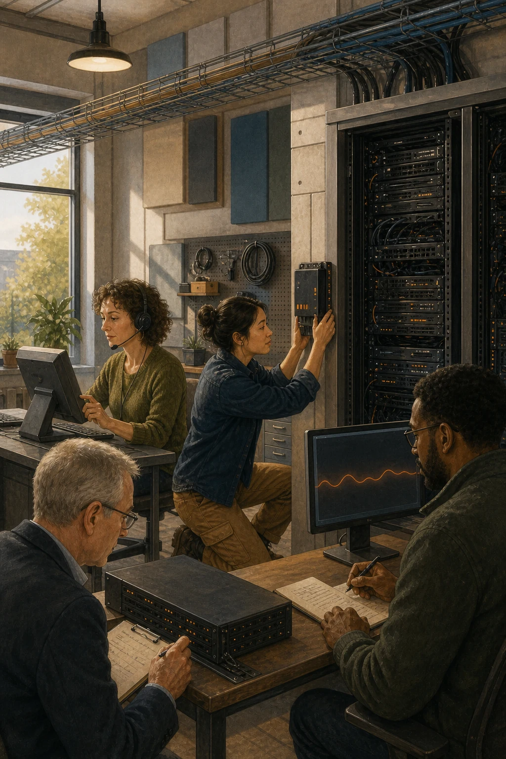 A mixed technical team installs and documents a protective module beside a server rack while an independent monitor shows a simple system trace.