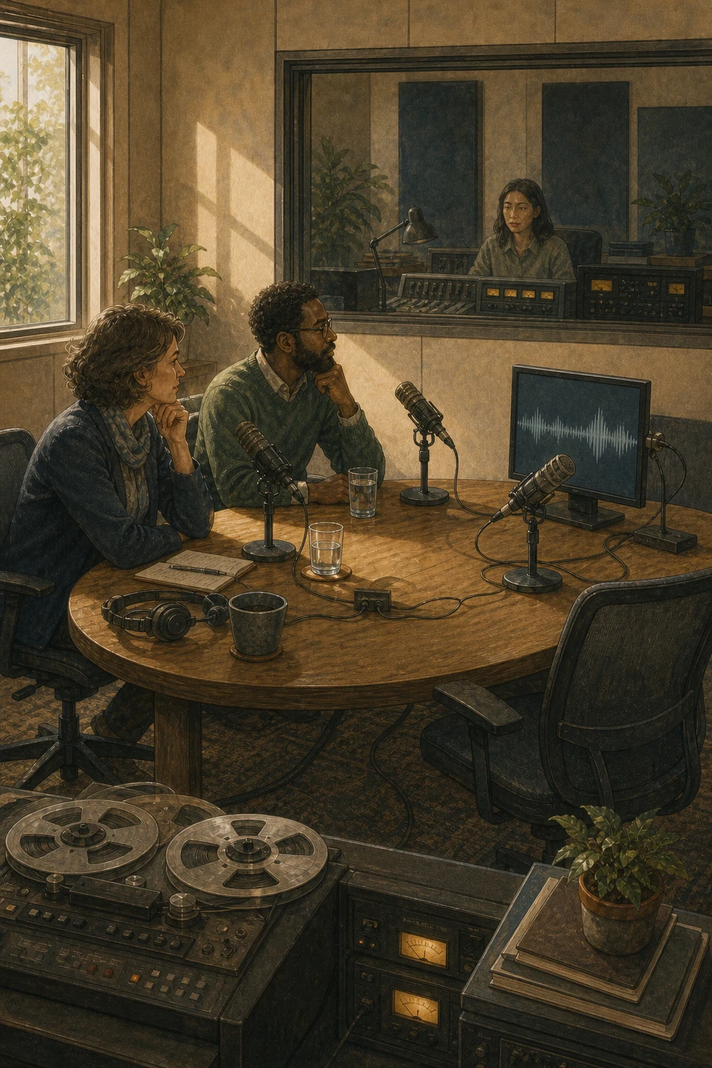 In a public radio studio, two human guests listen while a nonhuman software participant speaks through its own monitor, microphone and independently wired audio channel.