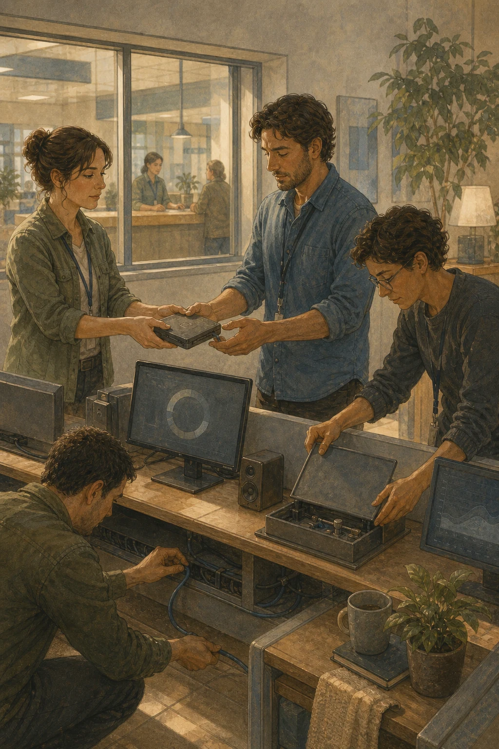A municipal service team performs a calm change-of-shift deployment handover, sealing evidence, preserving a live fallback and checking an independently wired software channel.