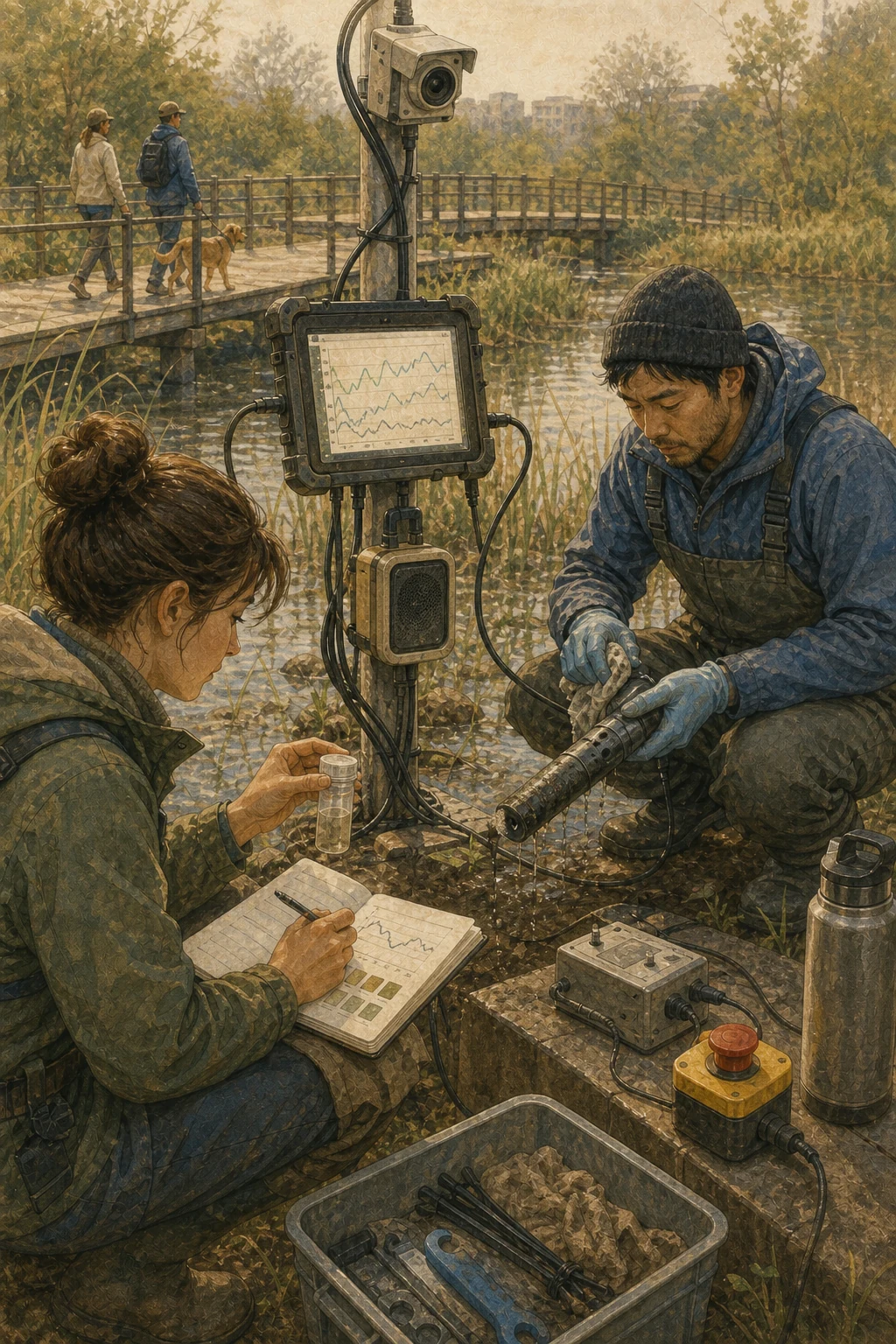 Two field workers service a water-quality sensor station in an urban wetland while a connected nonhuman software collaborator records and compares the work.